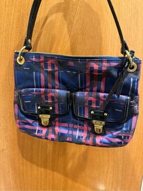 Coach Navy and Pink Plaid Nylon Shoulder Bag with Black Trim